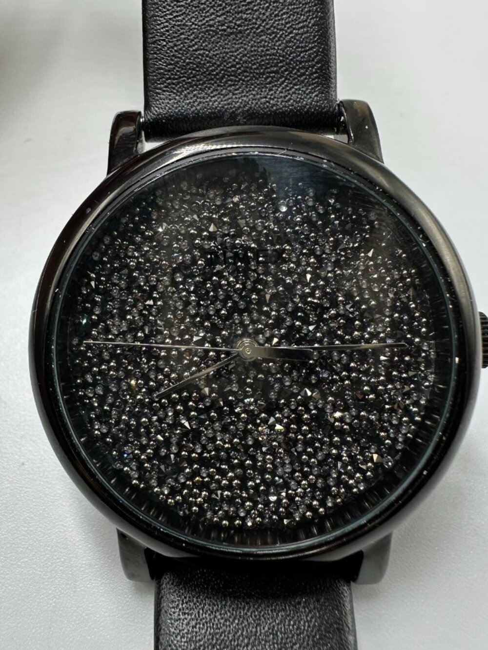 Timex Crystal Opulence Watch Women Black Leather Band New Battery 9.5 Inch